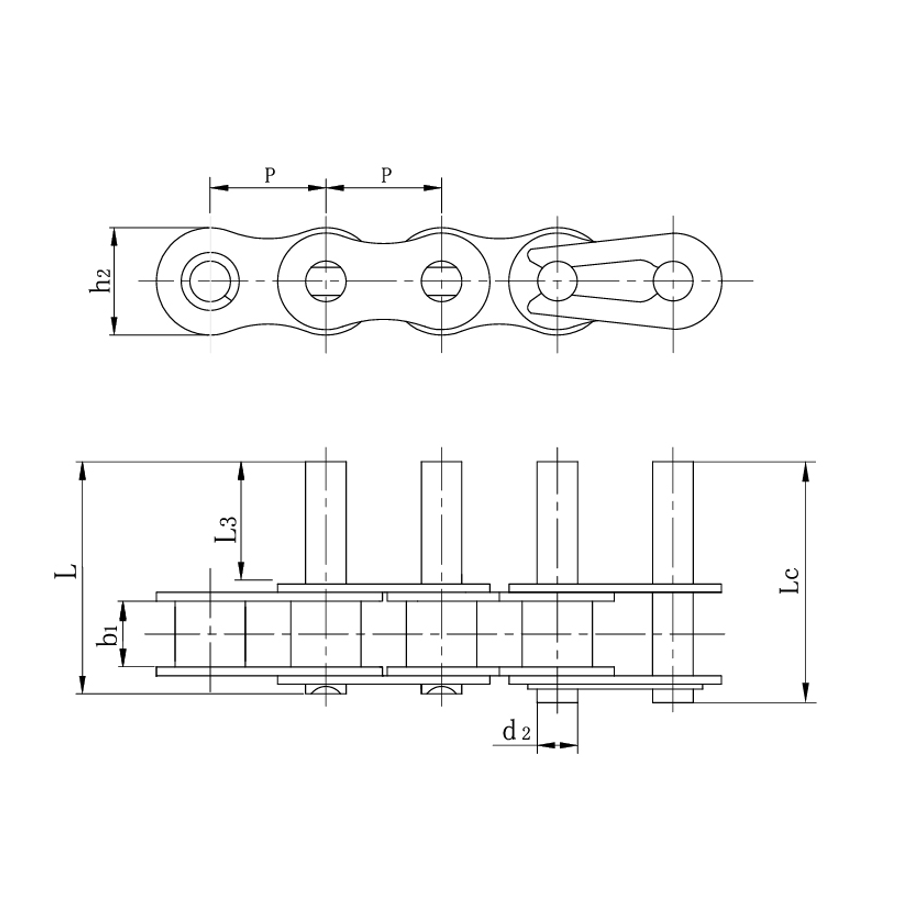 Correntes transportadoras de passo curto com pinos estendidos
