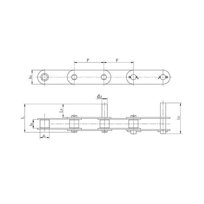 Correntes transportadoras de passo duplo em aço inoxidável com pinos estendidos